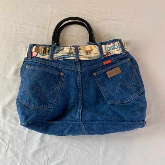 Vintage Handmade Womens Denim Purse Handbag Bow Lined Route 66 18x11” - Picture 2 of 13